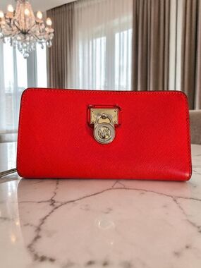 Michael Kors Red Saffiano Leather Zip Around Wallet Lock Logo Gold Hardware